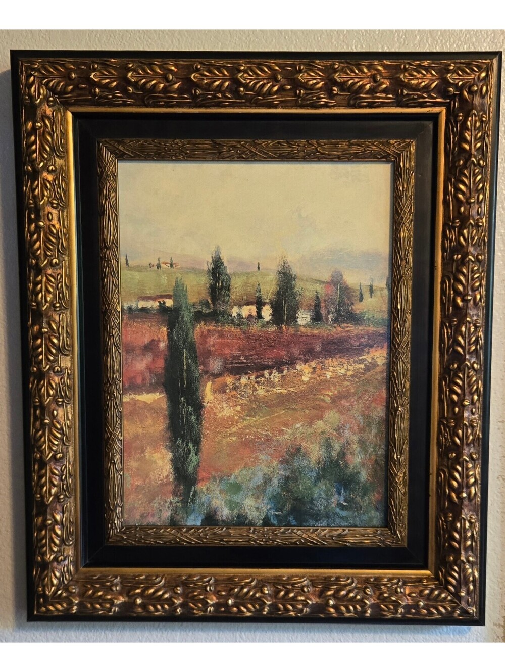 Framed Vintage Tuscan Italian Painting with Ornate Gold and Black Frame